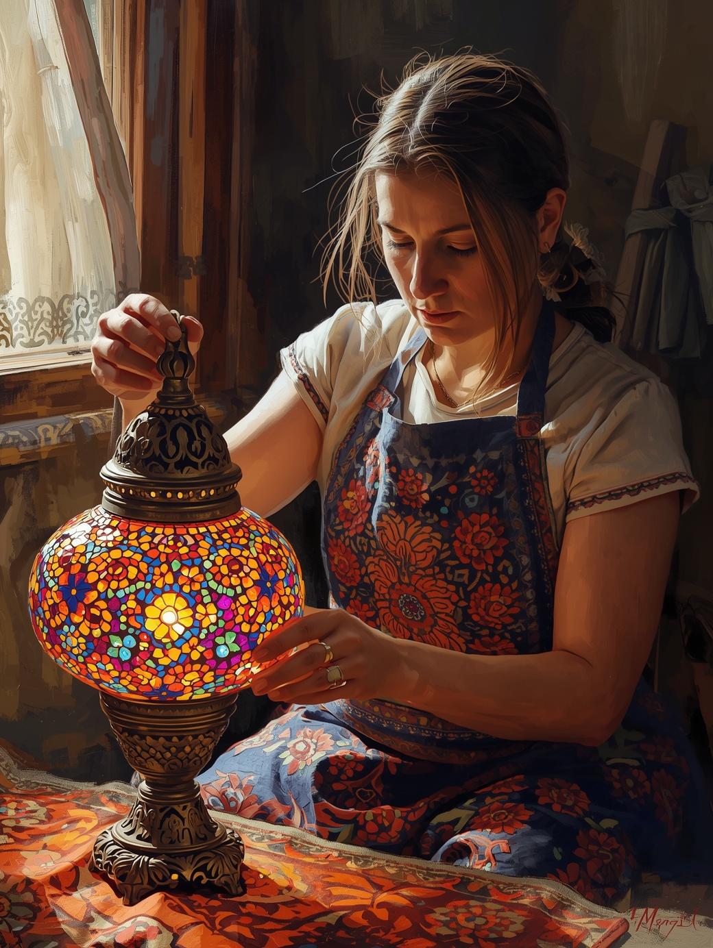 A craftsman shaping a mosaic lamp in the LUMARA workshop